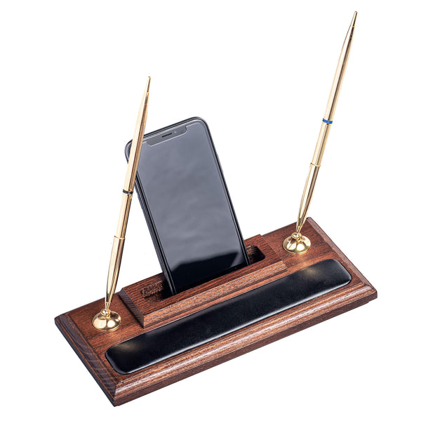 dacasso Walnut and Leather Double Pen Stand with Cell Phone Holder