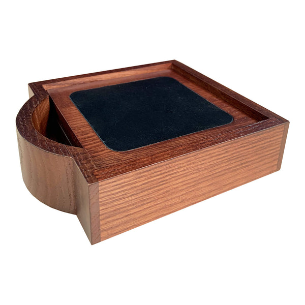 Dacasso Walnut & Black Leather 4 Square Coaster Set W/ Holder