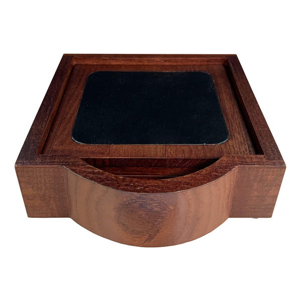 dacasso Walnut & Black Leather 4 Square Coaster Set w/ Holder