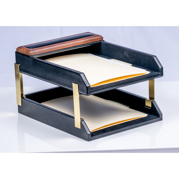Dacasso Walnut & Black Leather Letter Trays Stacking Set Gold