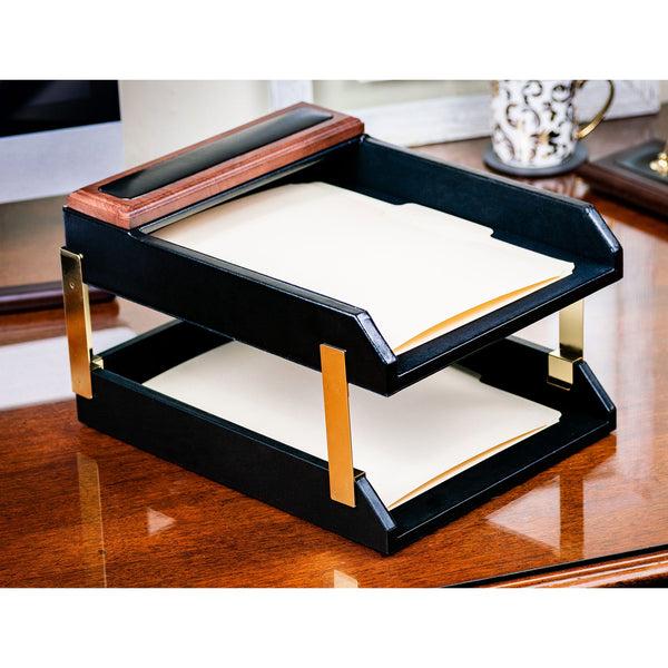 Dacasso Walnut & Black Leather Letter Trays Stacking Set Gold