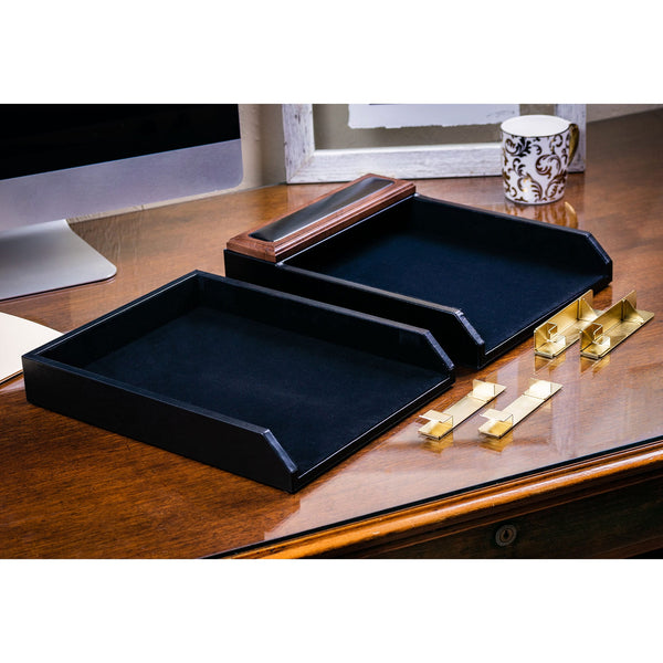 Dacasso Walnut & Black Leather Letter Trays Stacking Set Gold