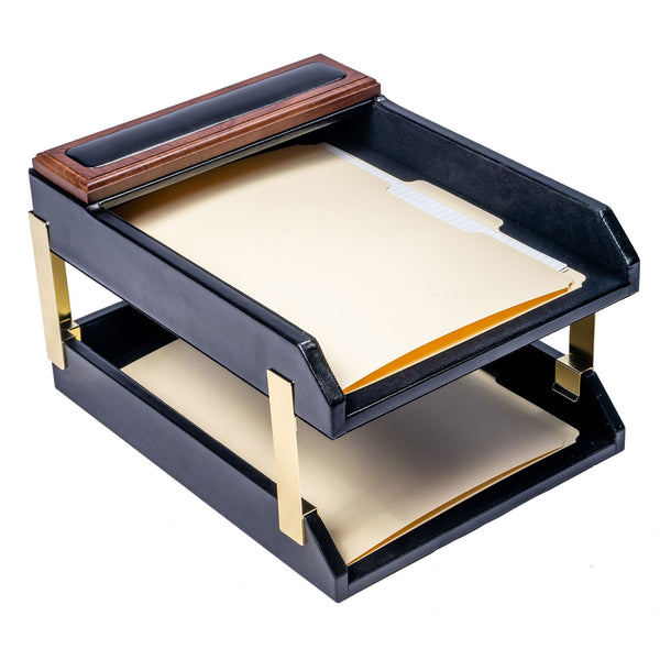 dacasso Walnut & Black Leather Letter Trays Stacking Set Gold