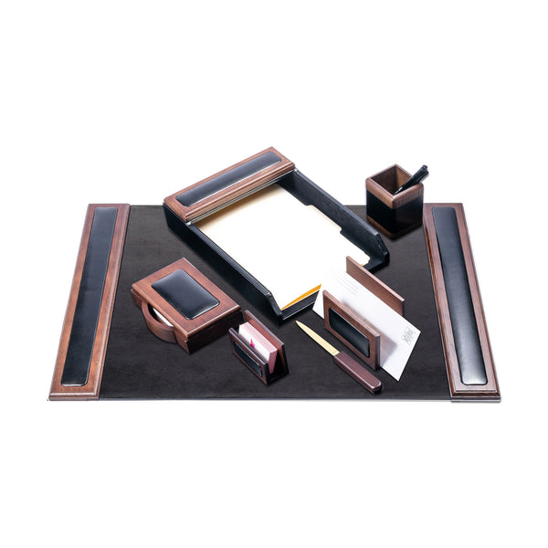 Dacasso Walnut & Leather 7-Piece Desk Set With 25.5" X 17.25" Desk Pad