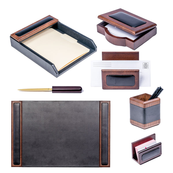 Dacasso Walnut & Leather 7-Piece Desk Set With 25.5" X 17.25" Desk Pad