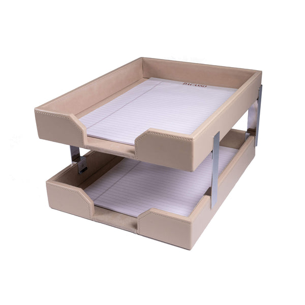 Dacasso White Latte Bonded Leather Double Letter Trays Silver