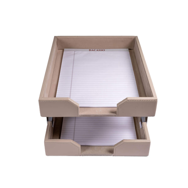 Dacasso White Latte Bonded Leather Double Letter Trays Silver