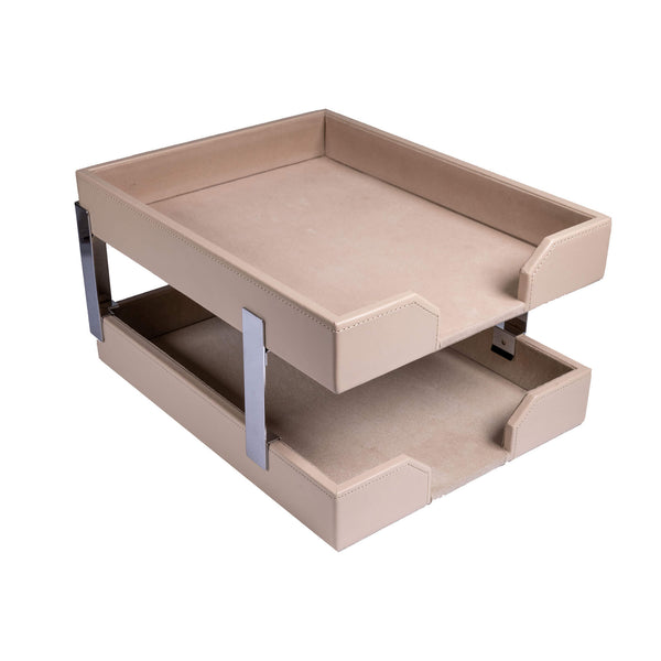 dacasso White Latte Bonded Leather Double Letter Trays Silver