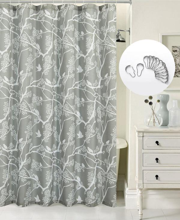 dainty home Dainty Home 13 Piece Birds Breeze Printed Waffle Weave Textured Shower Curtain And 12 Metal Rollerball Hooks