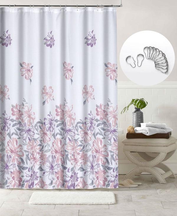 dainty home Dainty Home 13 Piece Bouquet Printed Waffle Weave Textured Shower Curtain And 12 Metal Rollerball Hooks