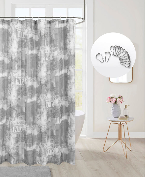 dainty home Dainty Home 13 Piece Paris Printed Waffle Weave Textured Shower Curtain And 12 Metal Rollerball Hooks