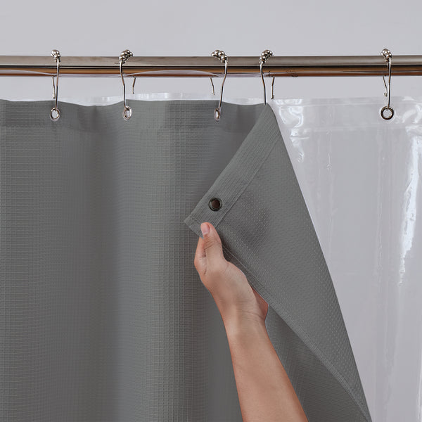 Dainty Home Dainty Home 14-Piece Bath Set With 1 Waffle 70 In. X 72 In. Shower Curtain 1 Peva Liner And 12 Stainless Steel Rollerball Hooks