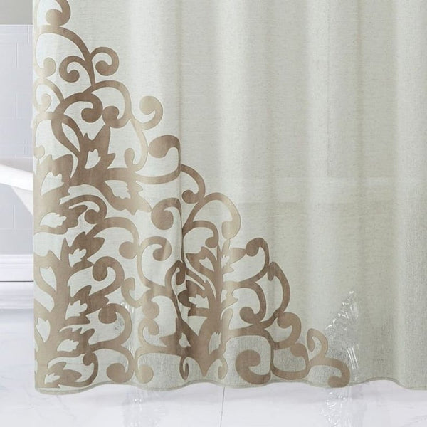 Dainty Home Dainty Home Natalie 3D Solid Linen Look Textured Scroll Velvet Appliqué Designed Fabric Shower Curtain
