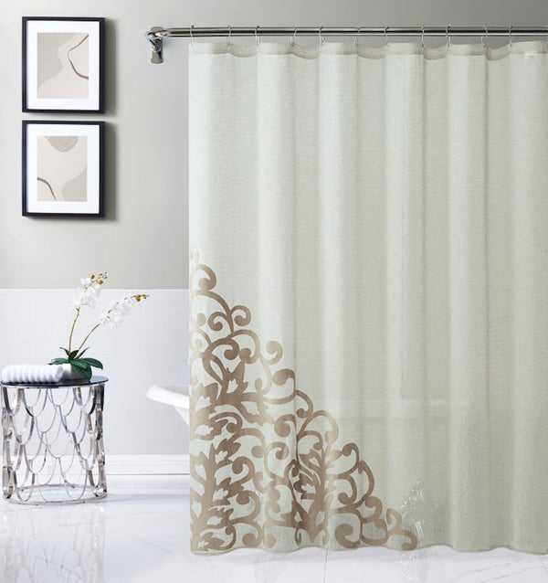 dainty home Dainty Home Natalie 3D Solid Linen Look Textured Scroll Velvet Appliqué Designed Fabric Shower Curtain