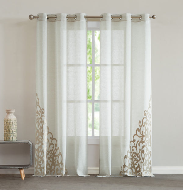 dainty home Dainty Home Natalie Boho 3D Velvet Scroll Design Appliqué Linen Look Light Filtering Grommet Panel Pair