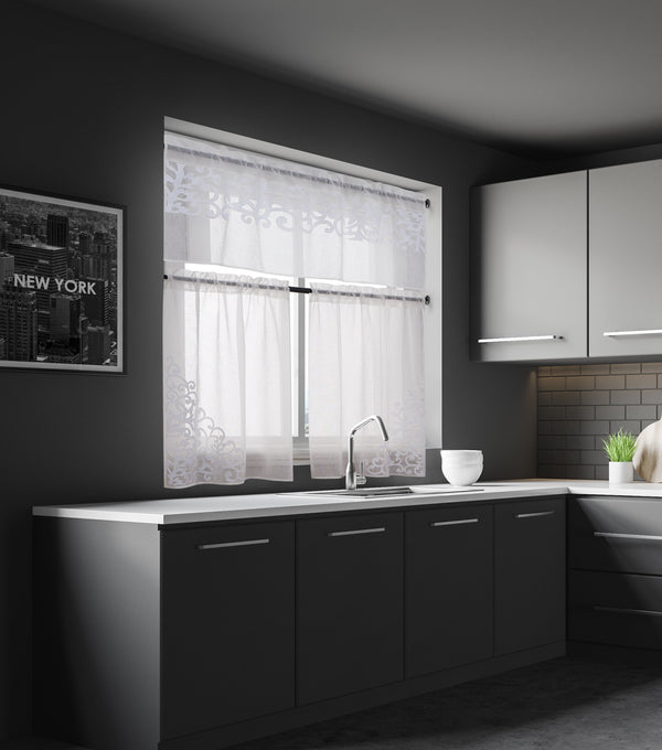 dainty home Dainty Home Natalie Boho Linen Look Fabric With 3D Applique Velvet Scroll Designed Kitchen Curtain Set 1 Valance 52" x 18" and 2 Tiers 26" x 36"