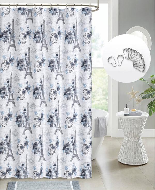 dainty home Dainty Home Printed 3D Textured Waffle Weave Textured Paris Floral Designed Fabric Shower Curtain with 12 Roller Ball Hooks Included 70" x 72"