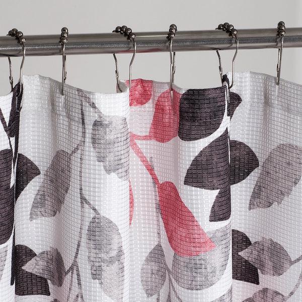 Dainty Home Dainty Home Printed Waffle 3D Textured Waffle Weave Leaves Designed Fabric Shower Curtain With 12 Roller Ball Hooks Included 70" X 72" In Black/Pink