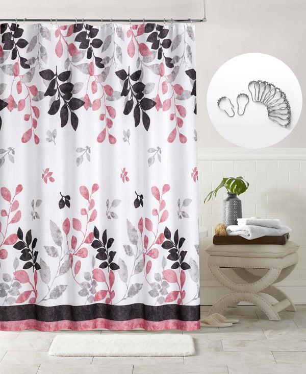 dainty home Dainty Home Printed Waffle 3D Textured Waffle Weave Leaves Designed Fabric Shower Curtain with 12 Roller Ball Hooks Included 70" x 72" in Black/Pink