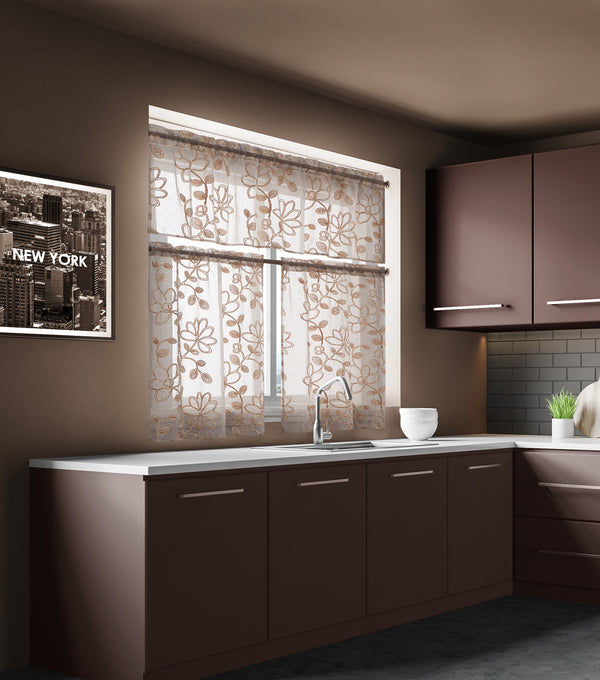 Dainty Home Dainty Home Rita Boho Linen Look Fabric With 3D Floral Chenille Embroidery Kitchen Curtain Set 1 Valance 52" X 18" And 2 Tiers 26" X 36" Each