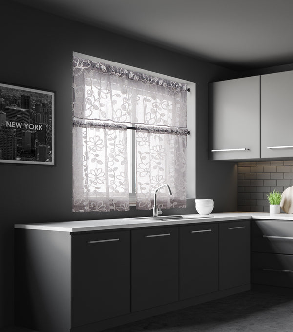 dainty home Dainty Home Rita Boho Linen Look Fabric With 3D Floral Chenille Embroidery Kitchen Curtain Set 1 Valance 52" x 18" and 2 Tiers 26" x 36" Each