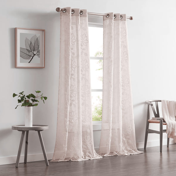 dainty home Dainty Home Rita Linen Look Boho Solid Fabric With 3D Floral Chenille Embroidery Light Filtering Grommet Panel Pair