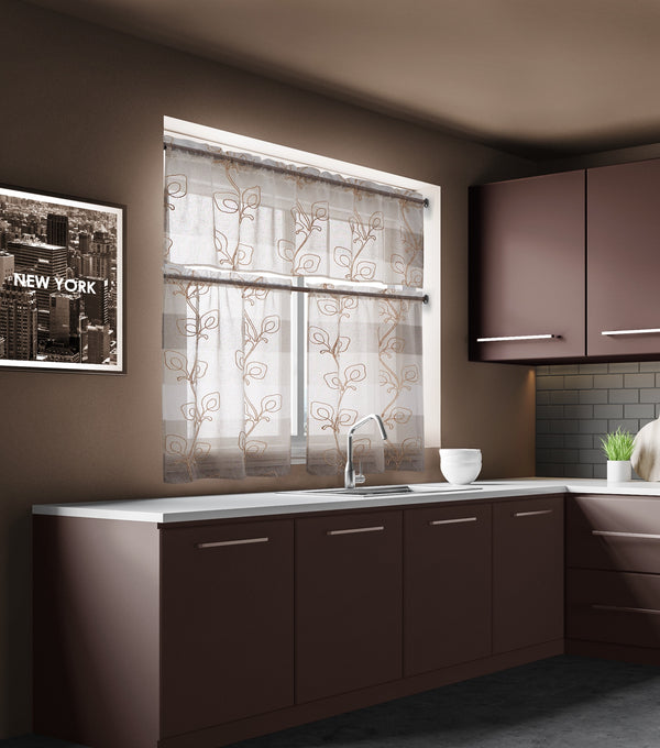 dainty home Dainty Home Silvia Boho Linen Look Striped Ombre Fabric With 3D Floral Chenille Embroidery Kitchen Curtain Set 1 Valance 52 x 18 and 2 Tiers 26 x 36