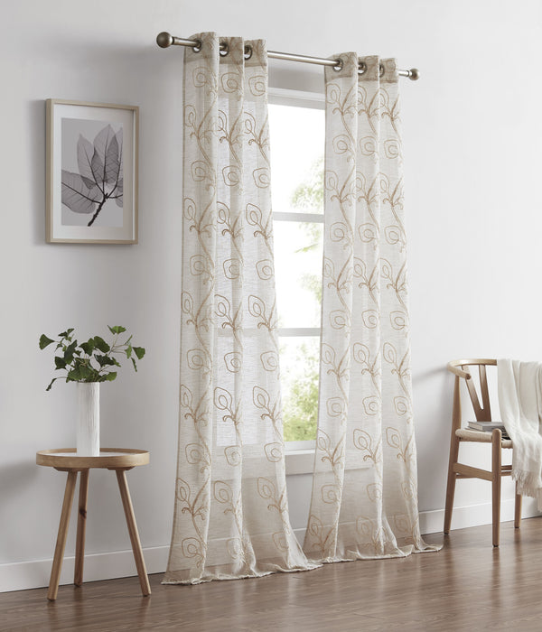 dainty home Dainty Home Stella Linen Look Boho Solid Fabric With 3D Floral Chenille Embroidery Light Filtering Grommet Panel Pair
