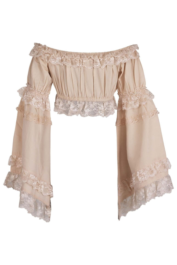 Daisy Beachwear Beige Smocked Flare Sleeve Peasant Top