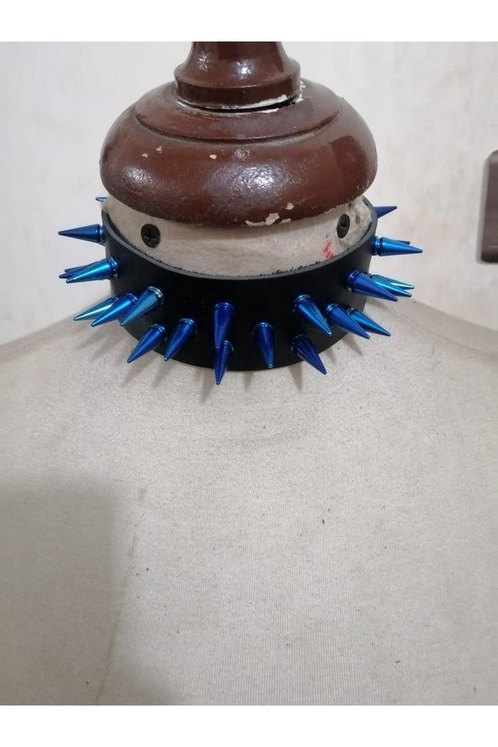 daisy beachwear Black Faux Leather & Blue Metallic Spike Choker