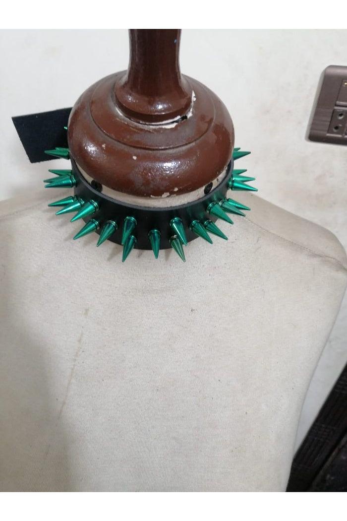 daisy beachwear Black Faux Leather & Green Metallic Spike Choker