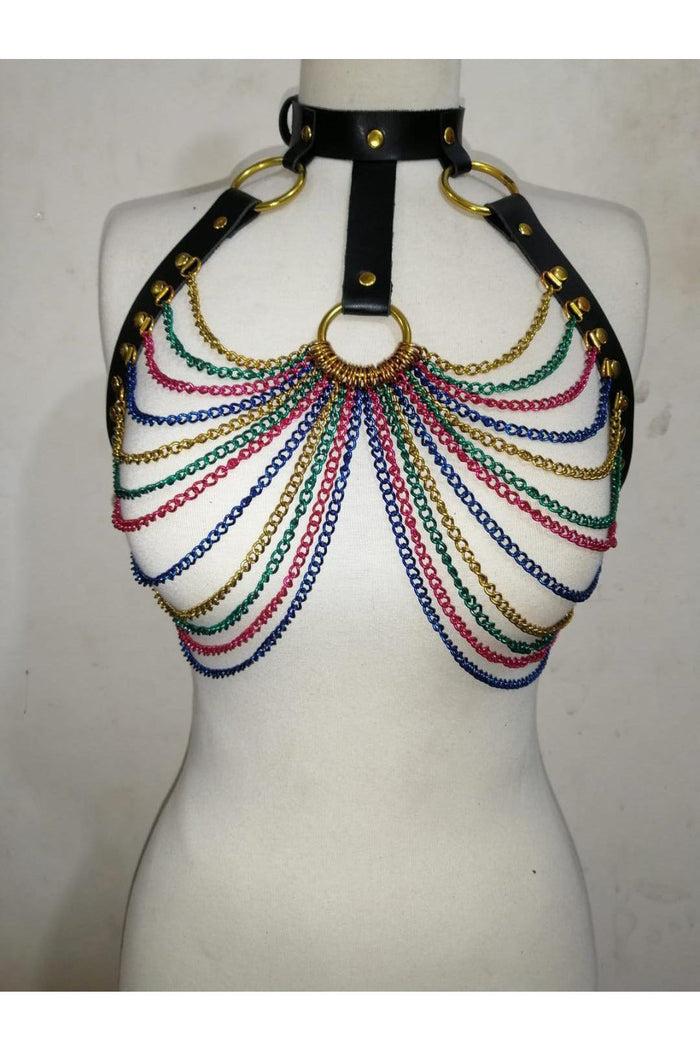 daisy beachwear Black Faux Leather & Rainbow Metallic Chain Harness