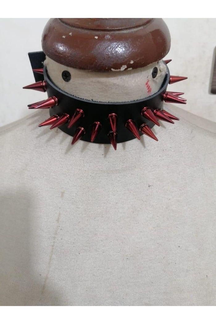 daisy beachwear Black Faux Leather & Red Metallic Spike Choker