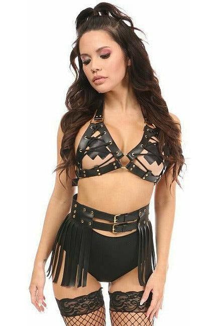 Daisy Beachwear Black/Gold Faux Leather Lace-Up Bra Top