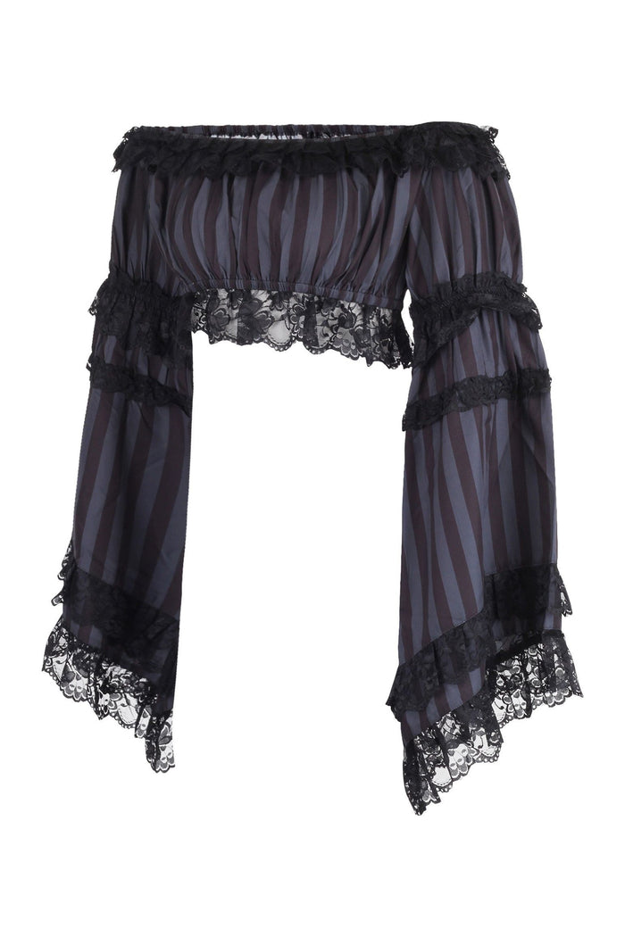 Daisy Beachwear Black/Grey Striped Smocked Flare Sleeve Peasant Top