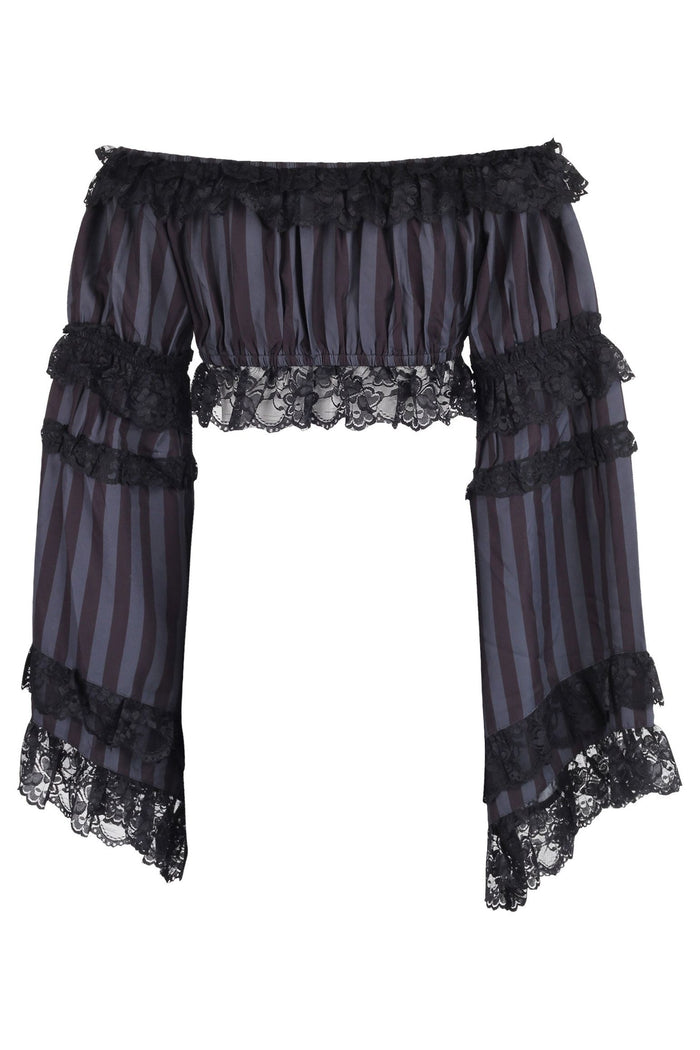 Daisy Beachwear Black/Grey Striped Smocked Flare Sleeve Peasant Top