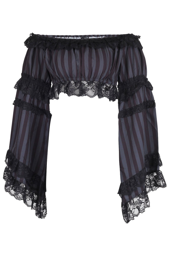 daisy beachwear Black/Grey Striped Smocked Flare Sleeve Peasant Top