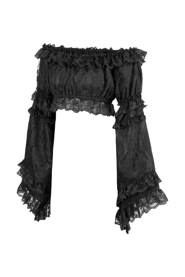 Daisy Beachwear Black Lace Smocked Flare Sleeve Peasant Top