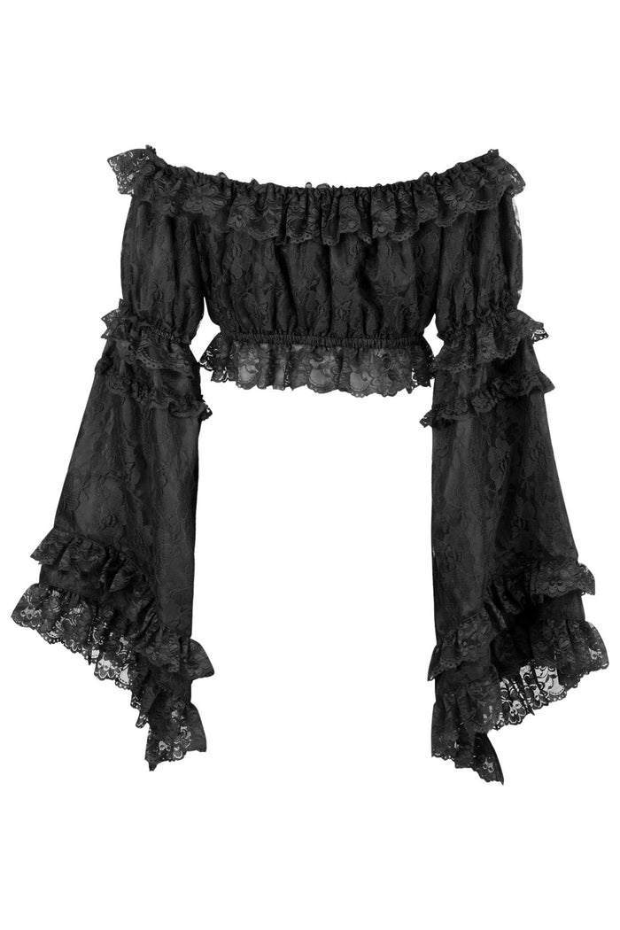 Daisy Beachwear Black Lace Smocked Flare Sleeve Peasant Top