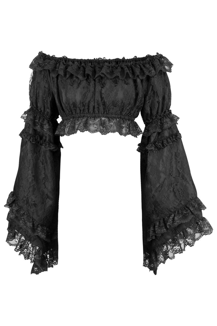 daisy beachwear Black Lace Smocked Flare Sleeve Peasant Top