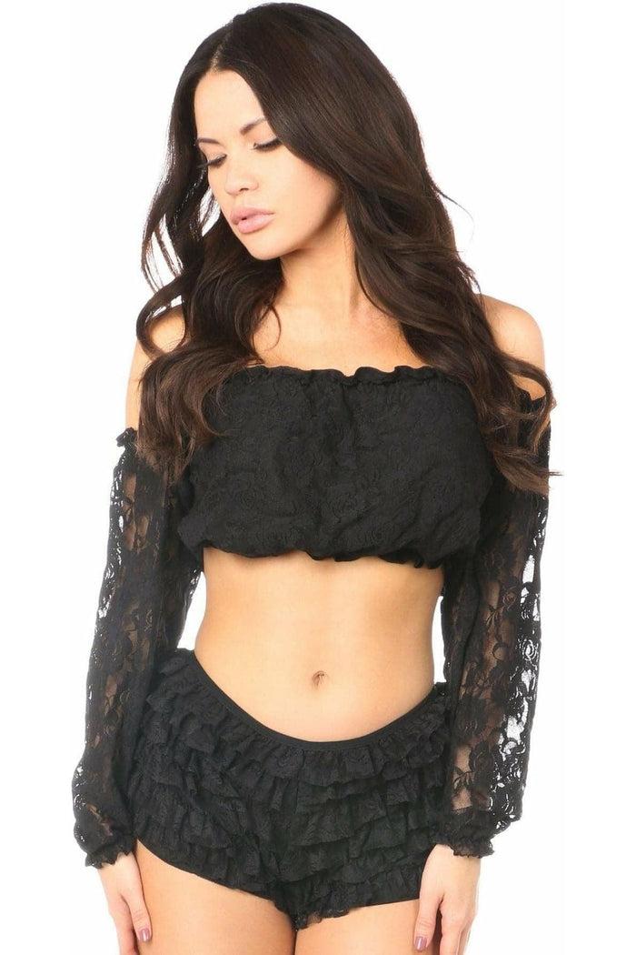 daisy beachwear Black Lined Lace Long Sleeve Peasant Top