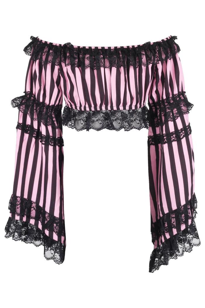 Daisy Beachwear Black/Pink Striped Smocked Flare Sleeve Peasant Top