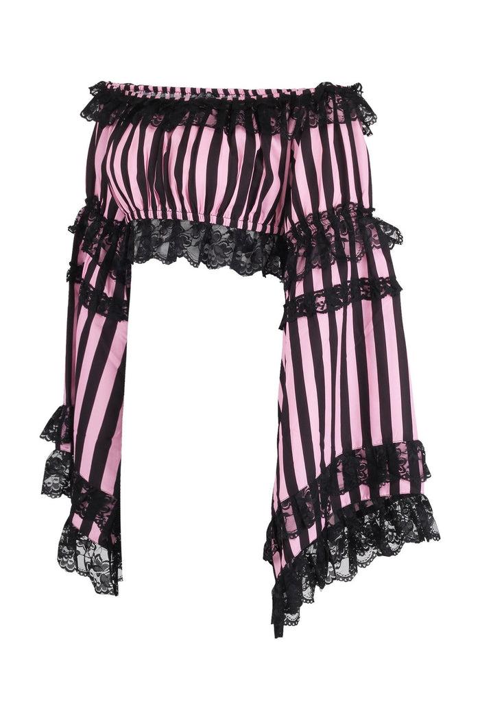 Daisy Beachwear Black/Pink Striped Smocked Flare Sleeve Peasant Top