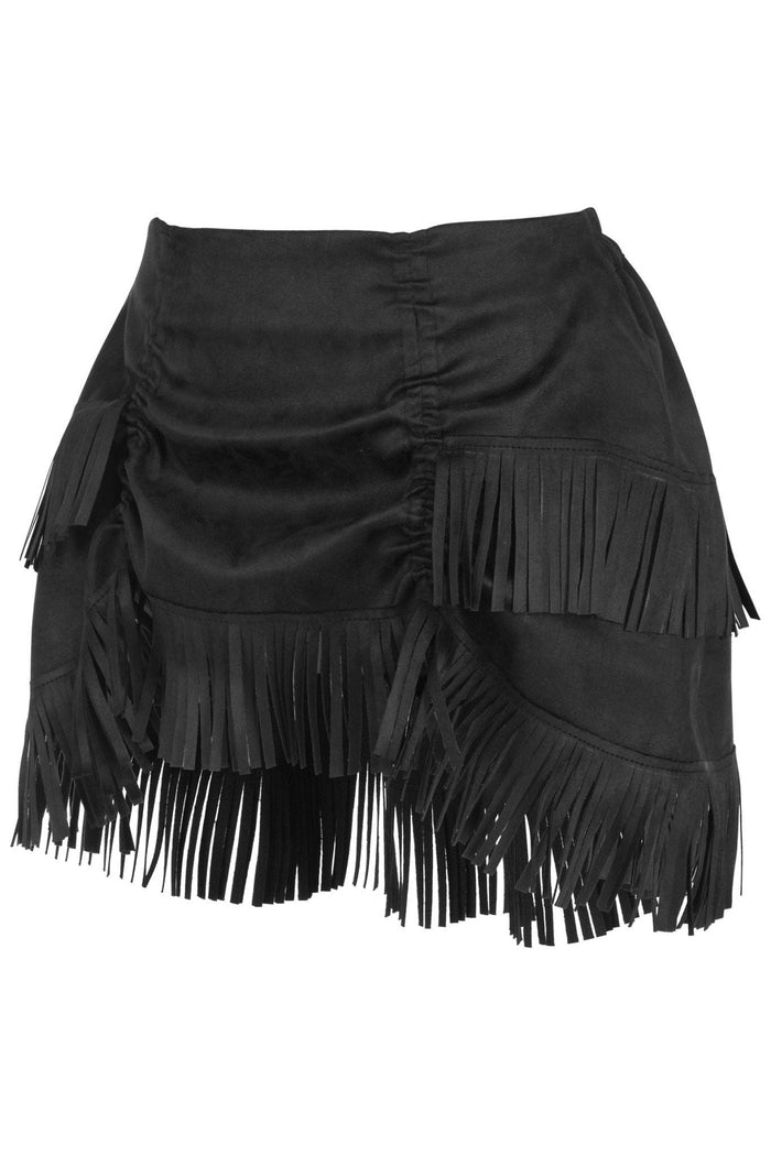 Daisy Beachwear Black Suede Ruched Bustle Skirt W/Fringe