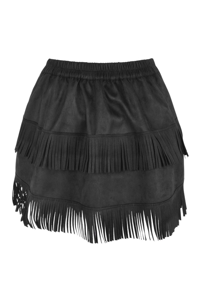 Daisy Beachwear Black Suede Ruched Bustle Skirt W/Fringe