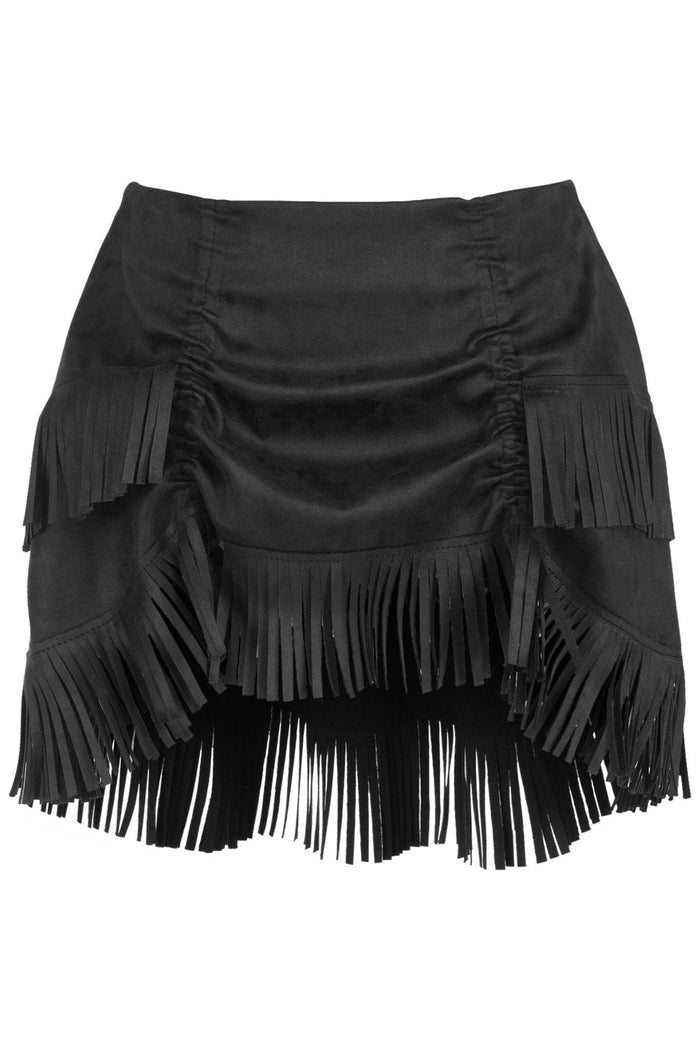 daisy beachwear Black Suede Ruched Bustle Skirt w/Fringe