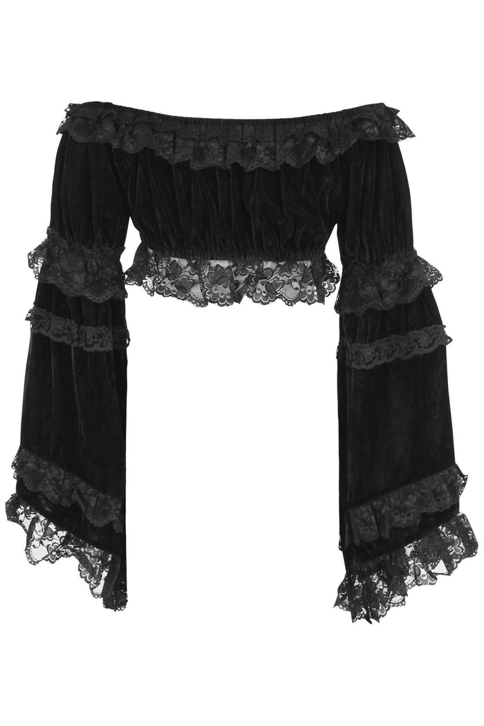 Daisy Beachwear Black Velvet Smocked Flare Sleeve Peasant Top