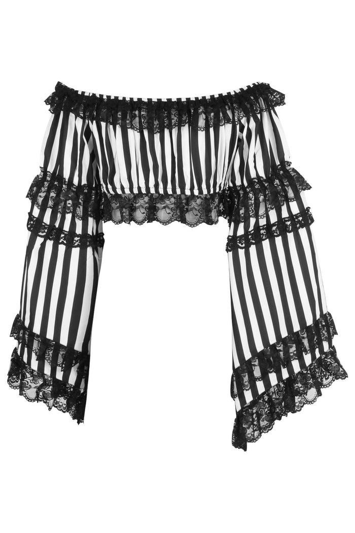 Daisy Beachwear Black/White Striped Smocked Flare Sleeve Peasant Top