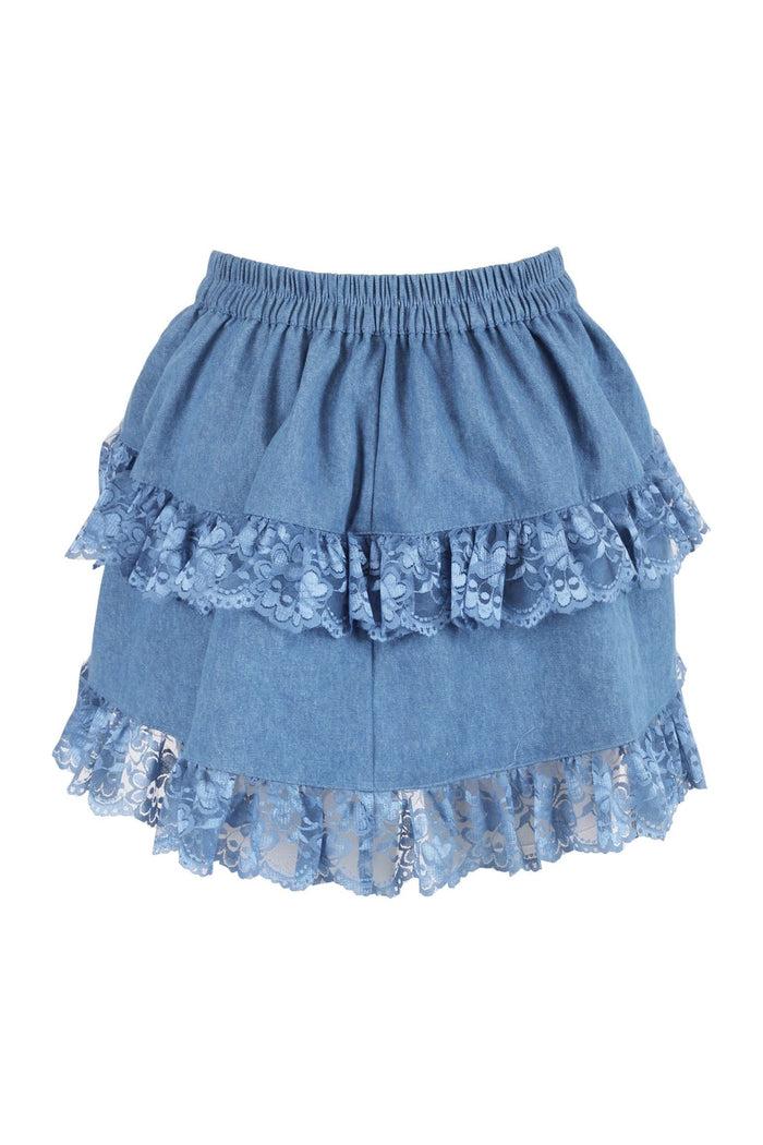 Daisy Beachwear Blue Denim Ruched Bustle Skirt W/Lace