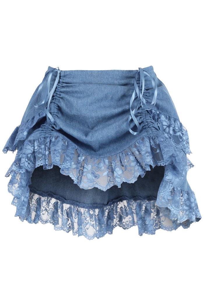 daisy beachwear Blue Denim Ruched Bustle Skirt w/Lace